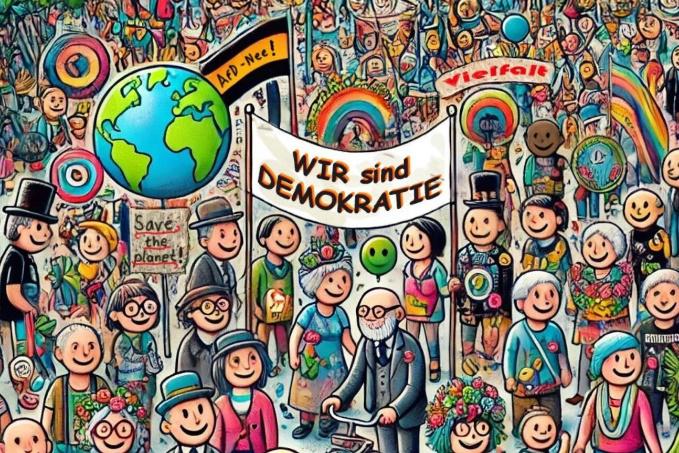 Ein Comic zeigt Demonstrierende Menschen. Sie zeigen Plakaten mit Aufschriften wie: Wir sind Demokratie oder Vielfalt